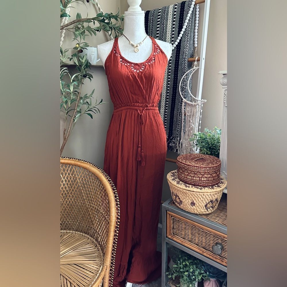 New with tags Patrons of Peace Burnt Orange Tie Waist Wide Bell Bottom Jumpsuit